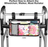 Wheelchair Side Bag, Upgrade Flower Color Wheelchair Armrest Storage Pouch with Cup Holder and Reflective Strip Made with Waterproof Fabric, for Most Wheelchairs, Walkers and Rollators (Pink Floral)